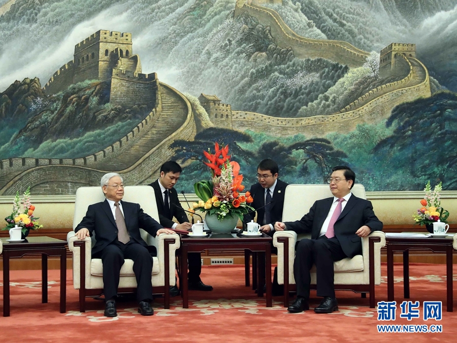 1月13日，中共中央政治局常委、全國人大常委會委員長張德江在北京人民大會堂會見越共中央總書記阮富仲。 新華社記者 劉衛(wèi)兵 攝