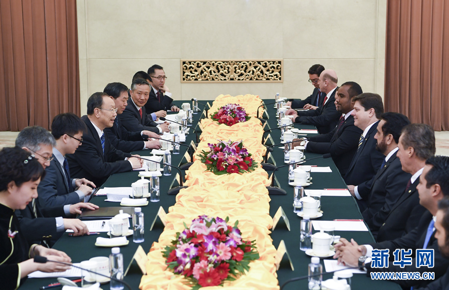 3月22日，中共中央書記處書記、全國政協(xié)副主席杜青林在北京會見巴西民主運動黨眾議院黨團領(lǐng)袖羅西率領(lǐng)的該黨干部考察團。 新華社記者張領(lǐng)攝