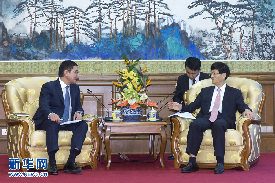 7月19日，中共中央政治局委員、中央政法委書記孟建柱在北京會見烏茲別克斯坦副總理庫奇卡羅夫。 新華社記者崔新鈺攝