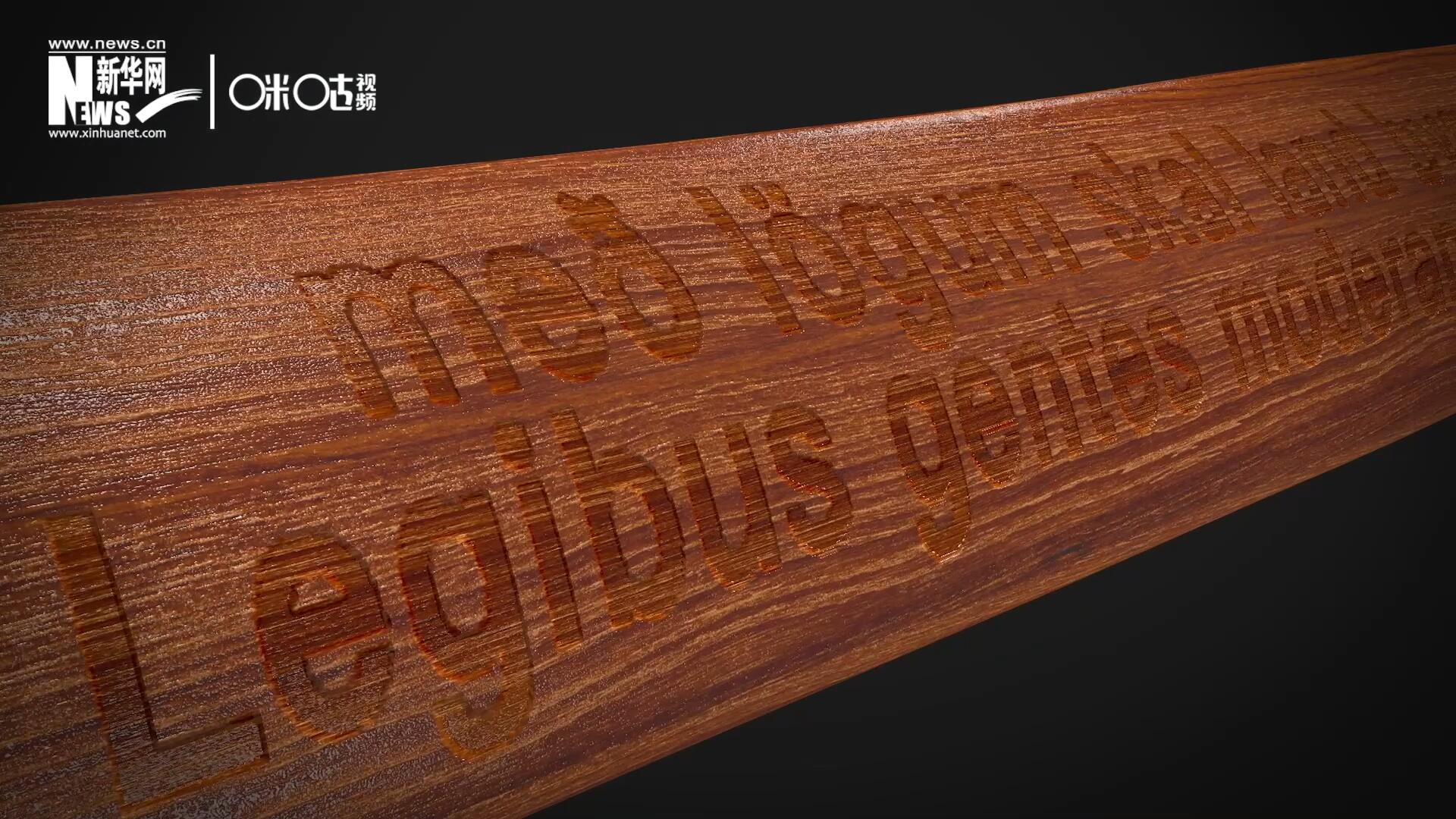 這把木槌尺寸超大、顏色棕紅、精雕細(xì)刻，上面刻有&ldquo;社會(huì)必須建立在法律的基礎(chǔ)上&rdquo;。