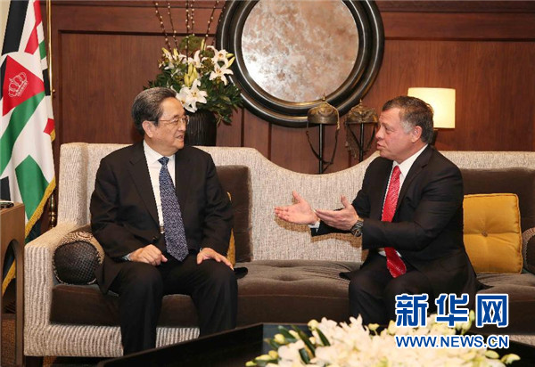 11月9日，正在約旦進行正式友好訪問的全國政協(xié)主席俞正聲在安曼會見約旦國王阿卜杜拉二世。 新華社記者 劉衛(wèi)兵 攝 