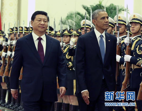 11月12日，國家主席習(xí)近平在北京人民大會堂舉行歡迎儀式，歡迎美國總統(tǒng)奧巴馬對中國進行國事訪問。 新華社記者 龐興雷 攝