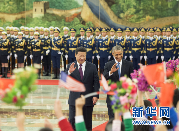 11月12日，國家主席習(xí)近平在北京人民大會堂舉行歡迎儀式，歡迎美國總統(tǒng)奧巴馬對中國進行國事訪問。 新華社記者 黃敬文 攝